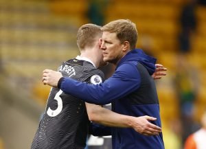 matt-targett-and-eddie-howe-after-newcastle-united-play-norwich-city-in-the-premier-league-2022